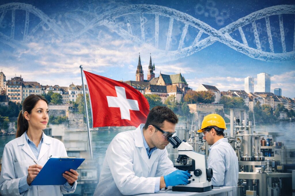 Swiss laboratory and hospital setting illustrating clinical pharmacist Switzerland hospital roles, Swissmedic licensing process requirements, and employment opportunities within pharma companies in Switzerland.