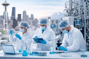 Biotech laboratory team in Seattle conducting quality assurance biotech Seattle processes under FDA regulated companies in Seattle standards.