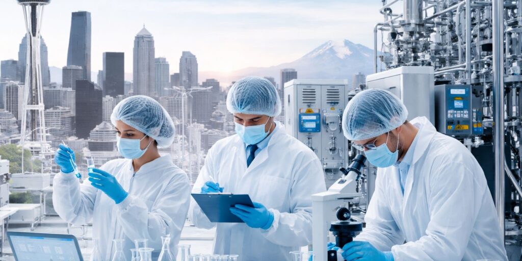 Biotech laboratory team in Seattle conducting quality assurance biotech Seattle processes under FDA regulated companies in Seattle standards.
