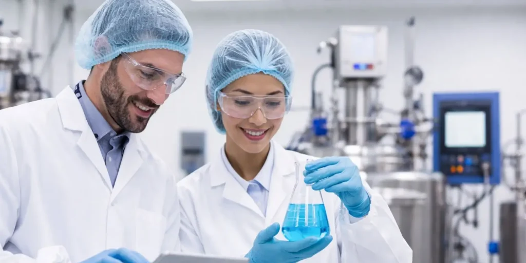 Sterile manufacturing compliance Los Angeles lab professionals reviewing validated production data under 21 CFR Part 210 and 211 compliance.