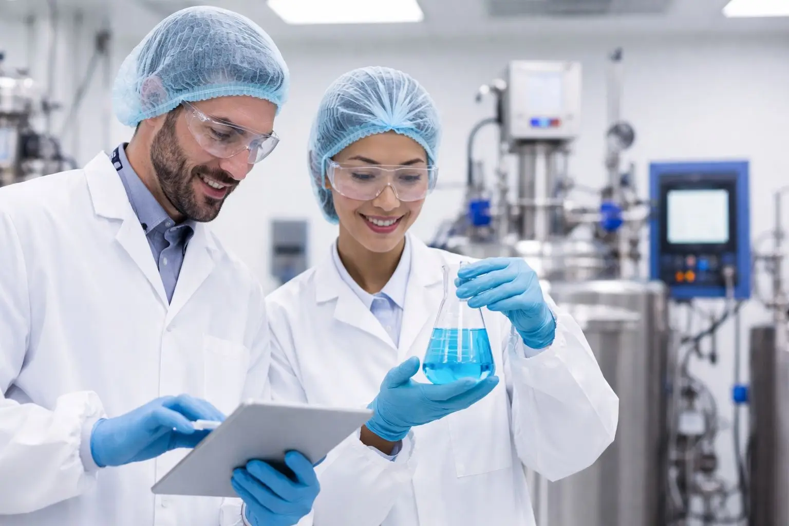 Sterile manufacturing compliance Los Angeles lab professionals reviewing validated production data under 21 CFR Part 210 and 211 compliance.