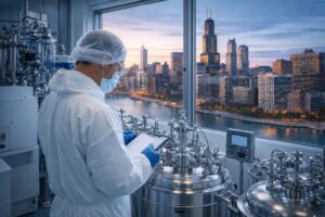 Pharmaceutical professional reviewing sterile manufacturing jobs Chicago environment under FDA-regulated GMP compliance standards.