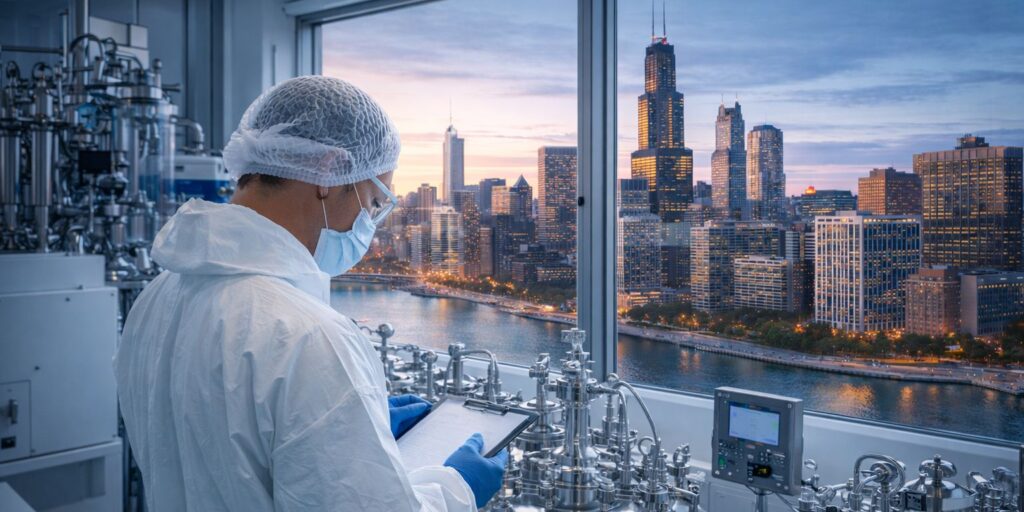 Pharmaceutical professional reviewing sterile manufacturing jobs Chicago environment under FDA-regulated GMP compliance standards.