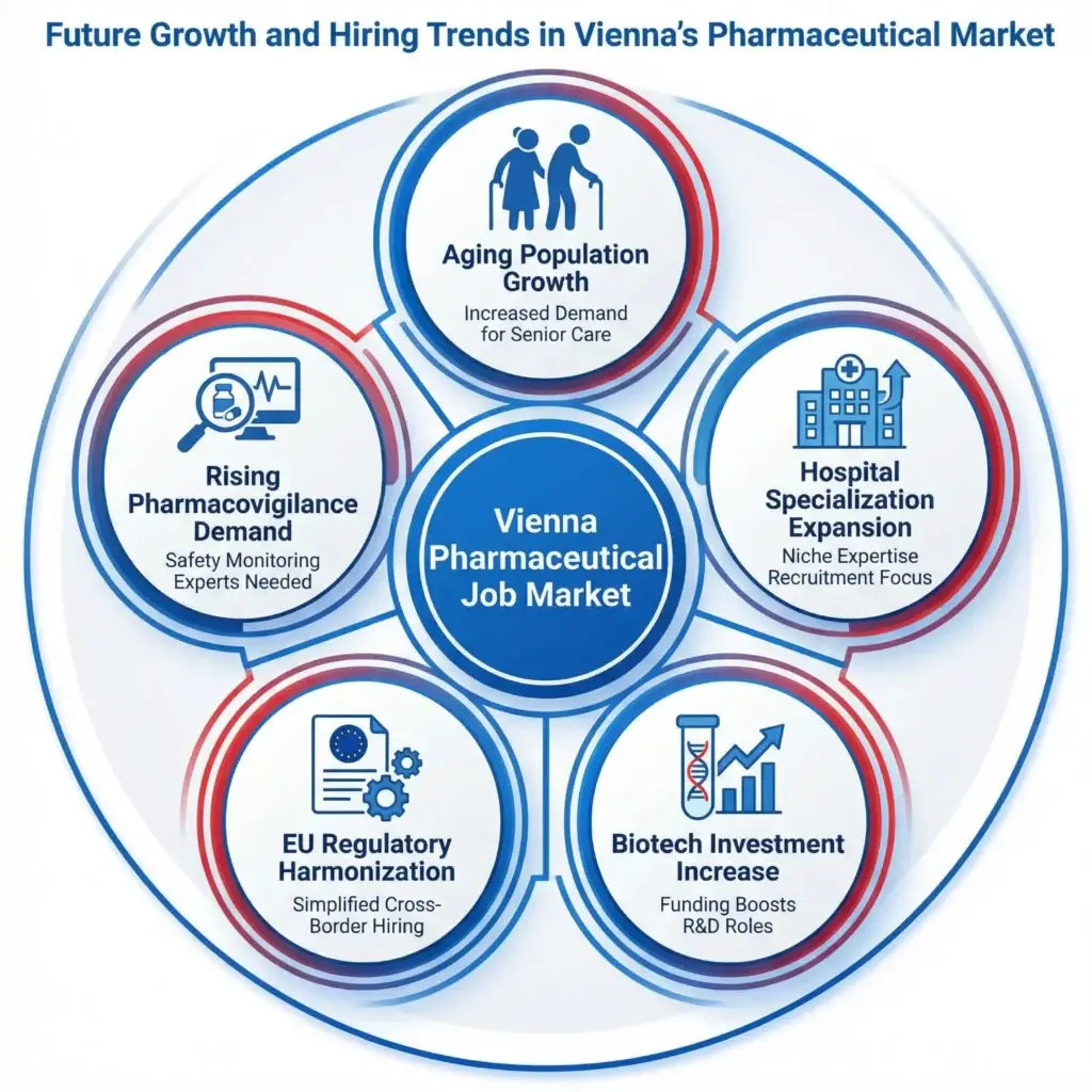 Infographic showing future growth and hiring trends in Vienna’s pharmaceutical job market driven by aging population, hospital specialization expansion, biotech investment in Austria, EU regulatory harmonization, and increasing pharmacovigilance requirements.
