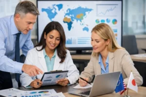 Regulatory safety experts reviewing global data to support regulatory harmonization, safety reporting consistency, and post-marketing safety oversight in multinational pharmacovigilance operations.