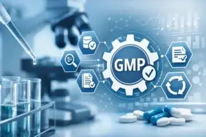 Digital interface representing data integrity in pharmaceutical manufacturing with audit trail transparency and GMP documentation control.