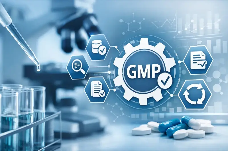 Digital interface representing data integrity in pharmaceutical manufacturing with audit trail transparency and GMP documentation control.