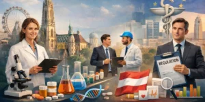 Illustration of clinical pharmacist Vienna hospital environment, pharmaceutical employers in Vienna, and regulatory professionals, highlighting Vienna pharmaceutical industry jobs and entry level pharma jobs Vienna opportunities.