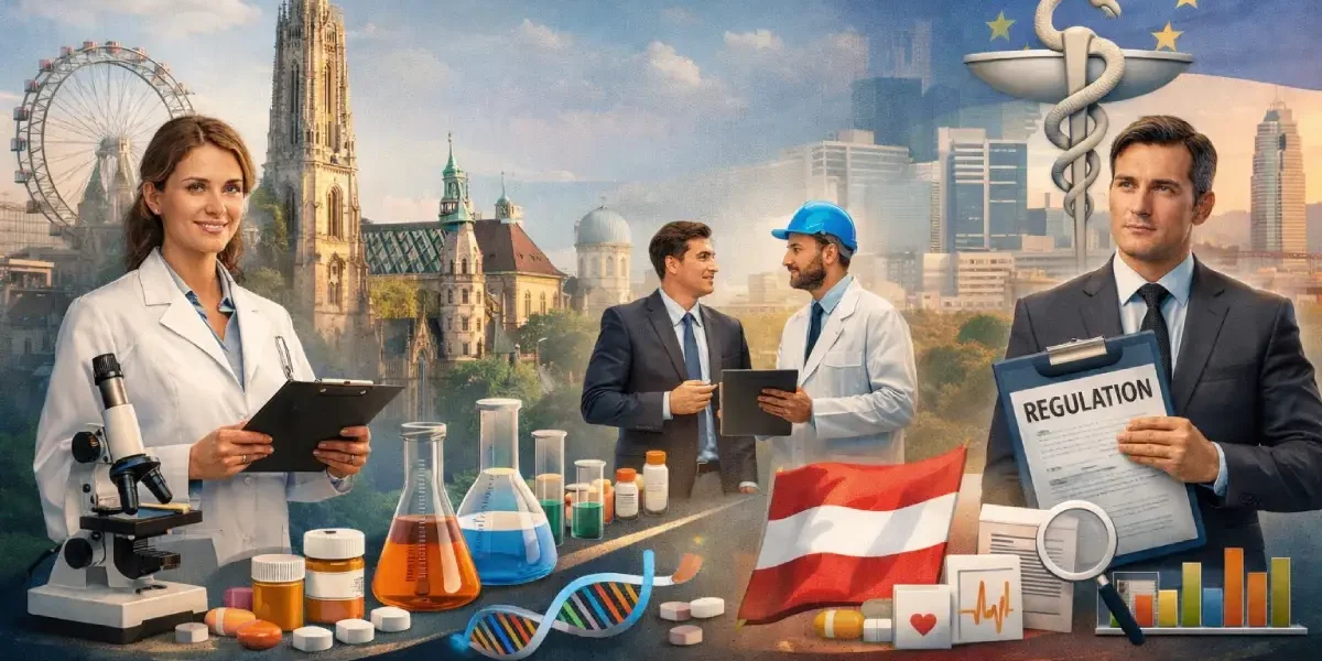 Illustration of clinical pharmacist Vienna hospital environment, pharmaceutical employers in Vienna, and regulatory professionals, highlighting Vienna pharmaceutical industry jobs and entry level pharma jobs Vienna opportunities.