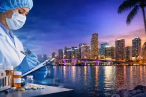 Healthcare professional reviewing GMP documentation against the Miami skyline, representing pharmacist jobs in Florida and inspection-driven pharmaceutical companies in Florida.