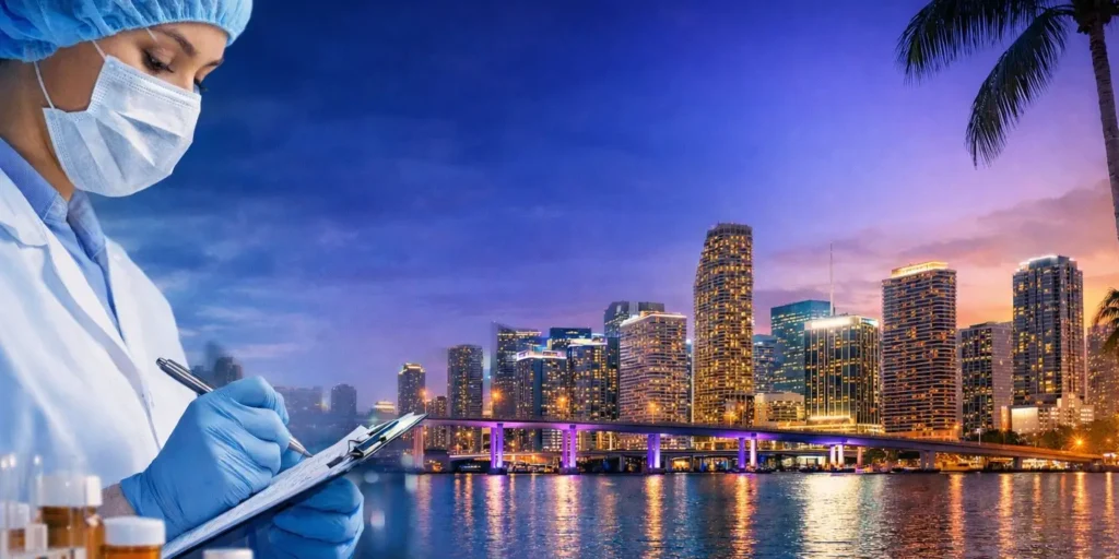 Healthcare professional reviewing GMP documentation against the Miami skyline, representing pharmacist jobs in Florida and inspection-driven pharmaceutical companies in Florida.