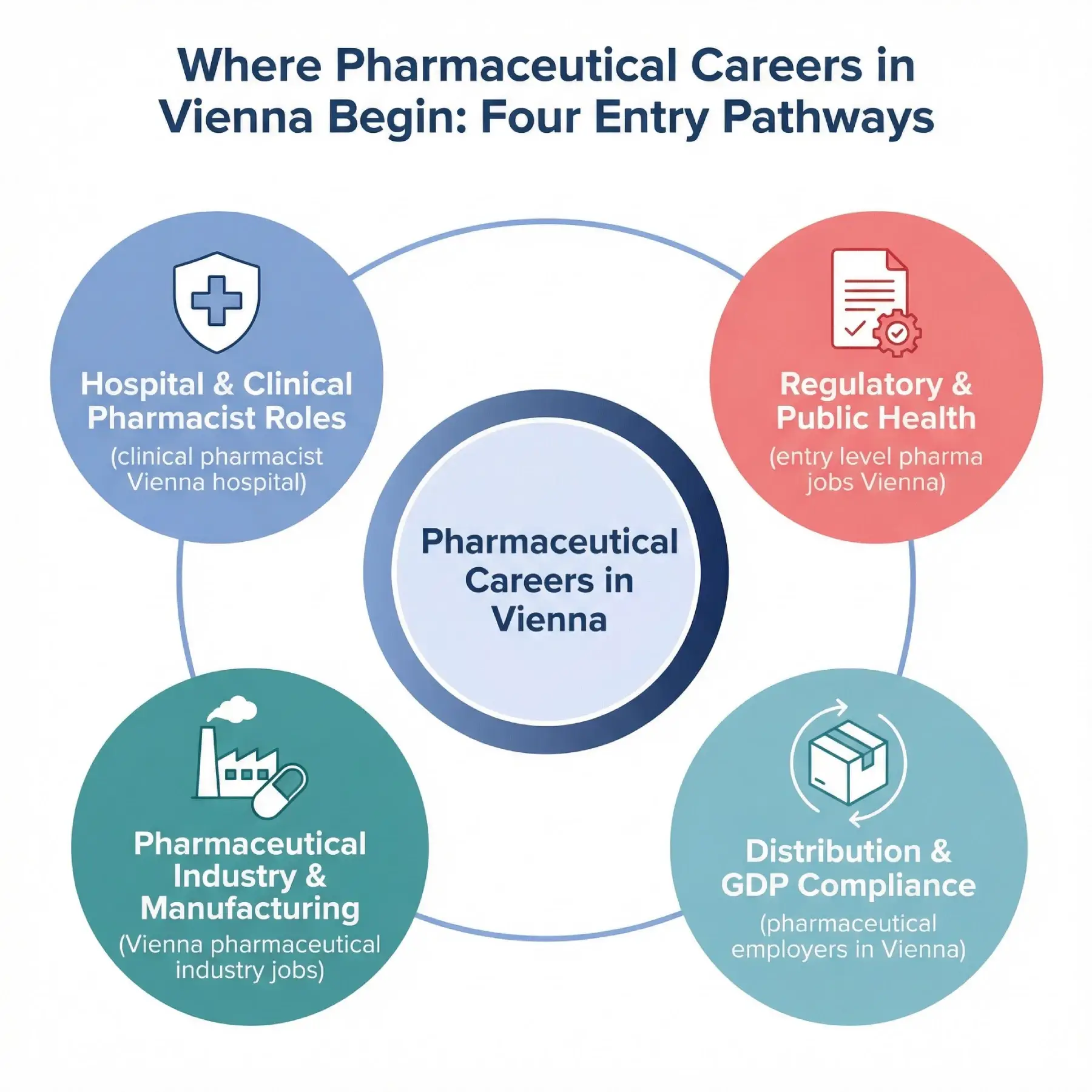 Infographic showing four entry pathways into pharmaceutical careers in Vienna including hospital clinical pharmacist roles, pharmaceutical industry jobs, distribution compliance positions, and regulatory public health opportunities.