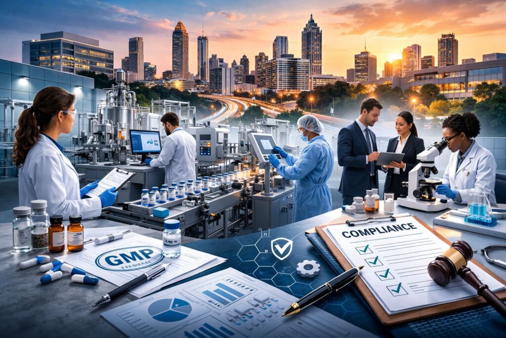 Pharmaceutical companies in Atlanta laboratory environment showing GMP jobs in Atlanta and quality assurance biotech Atlanta specialists working under FDA regulated companies in Georgia standards.