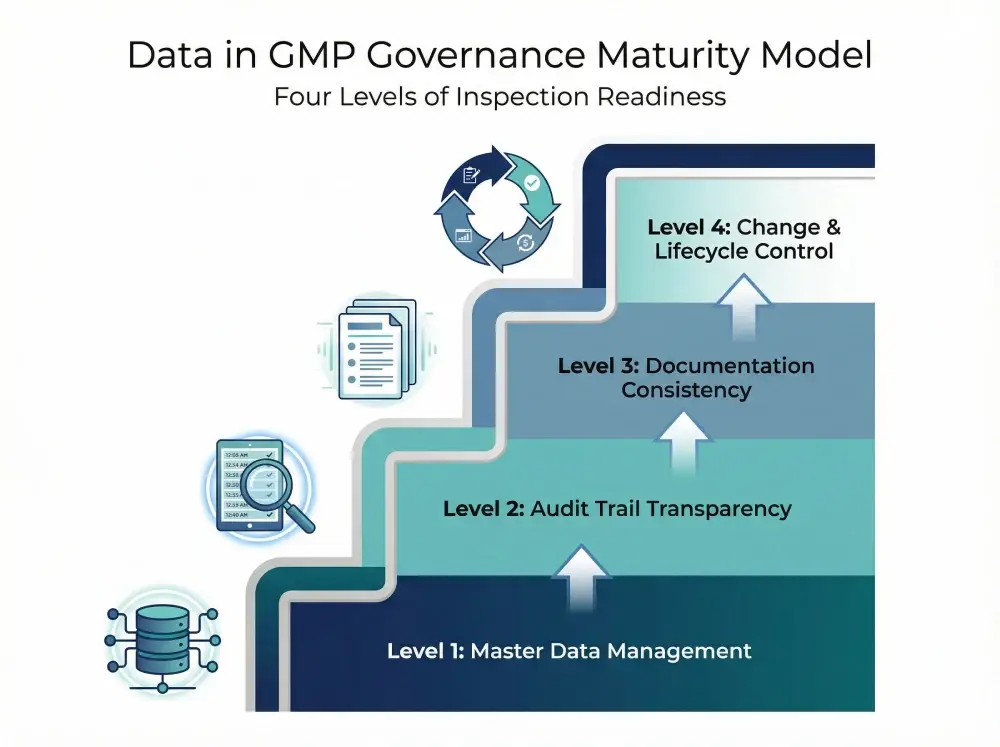 Pyramid-style Data in GMP governance maturity model showing master data management, audit trail transparency, documentation consistency, and change lifecycle control.
