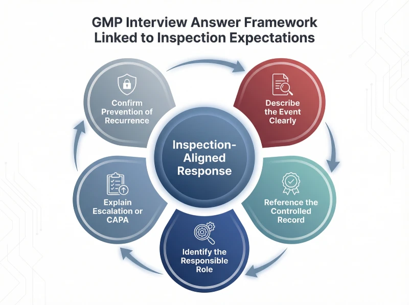 Infographic showing structured GMP interview answer framework with five steps linked to inspection expectations.