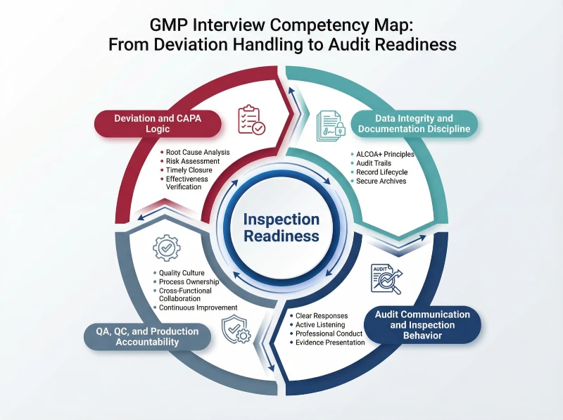 Infographic showing GMP interview competency map including deviation handling, data integrity, audit communication, and QA QC accountability.