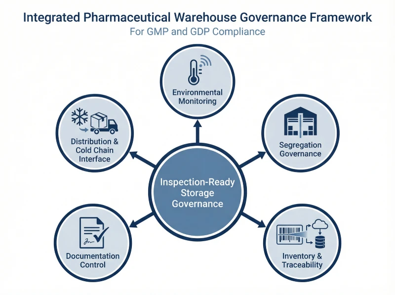 Integrated warehouse governance model connecting temperature monitoring, quarantine control, batch traceability, and GDP distribution compliance.