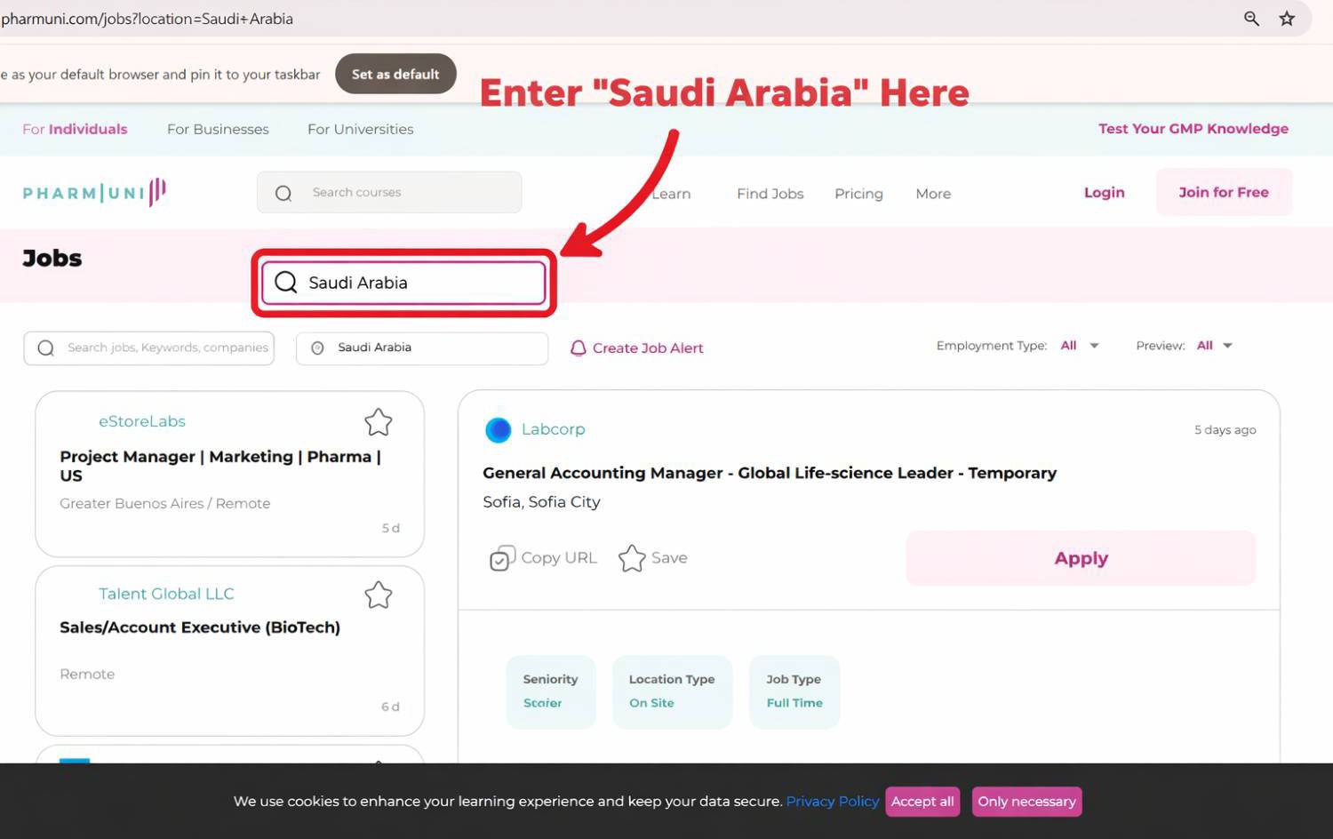 Pharmuni job search page showing Saudi Arabia filter applied to find pharmaceutical jobs, including GMP and biotech career opportunities