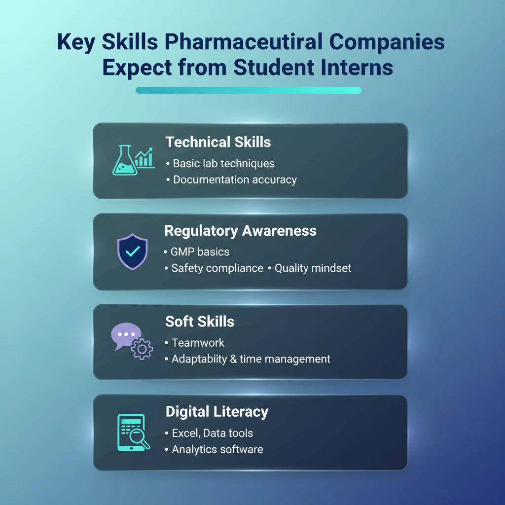Infographic showing the top skills pharma companies look for in student interns, including GMP basics, documentation discipline, quality systems, deviation reporting, and manufacturing awareness.