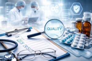 Pharma quality assurance standards demonstrated through laboratory workflow showing QMS compliance, audit readiness and documentation, and process approach risk-based thinking in pharmaceutical manufacturing environment.