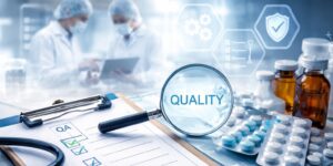 Pharma quality assurance standards demonstrated through laboratory workflow showing QMS compliance, audit readiness and documentation, and process approach risk-based thinking in pharmaceutical manufacturing environment.