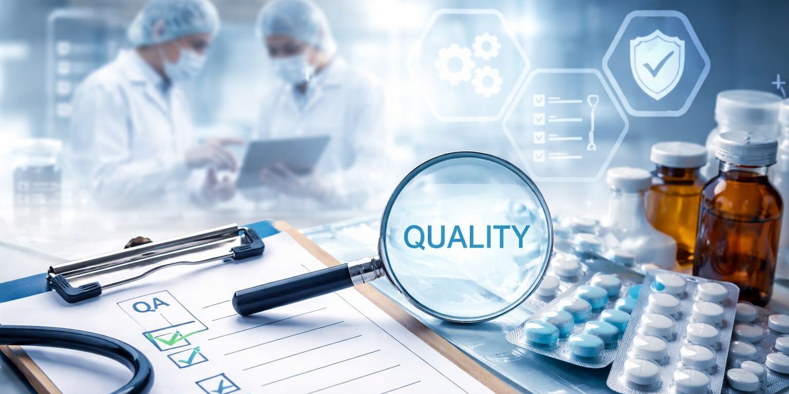 Pharma quality assurance standards demonstrated through laboratory workflow showing QMS compliance, audit readiness and documentation, and process approach risk-based thinking in pharmaceutical manufacturing environment.