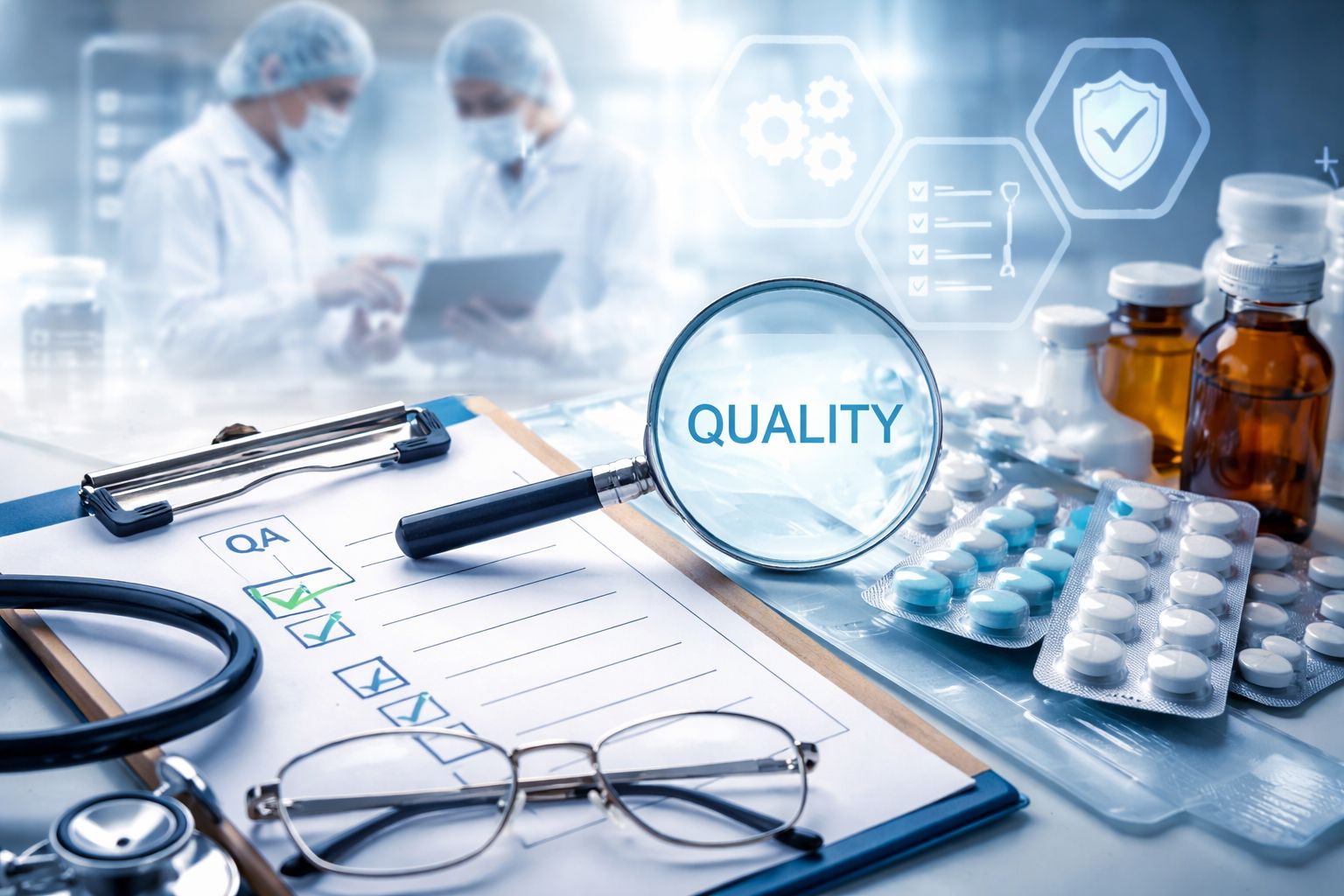 Pharma quality assurance standards demonstrated through laboratory workflow showing QMS compliance, audit readiness and documentation, and process approach risk-based thinking in pharmaceutical manufacturing environment.