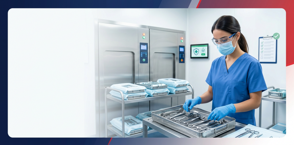 Sterile technician performing medical device sterilization compliance tasks within an SPD workflow, ensuring accurate documentation and infection control standards in hospital settings.