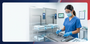 Sterile technician performing medical device sterilization compliance tasks within an SPD workflow, ensuring accurate documentation and infection control standards in hospital settings.