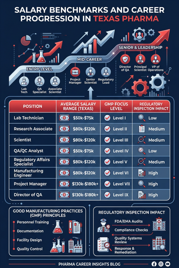 Infographic showing pharma careers Texas with salary benchmarks, GMP exposure, and career progression in pharmaceutical manufacturing and quality roles.
