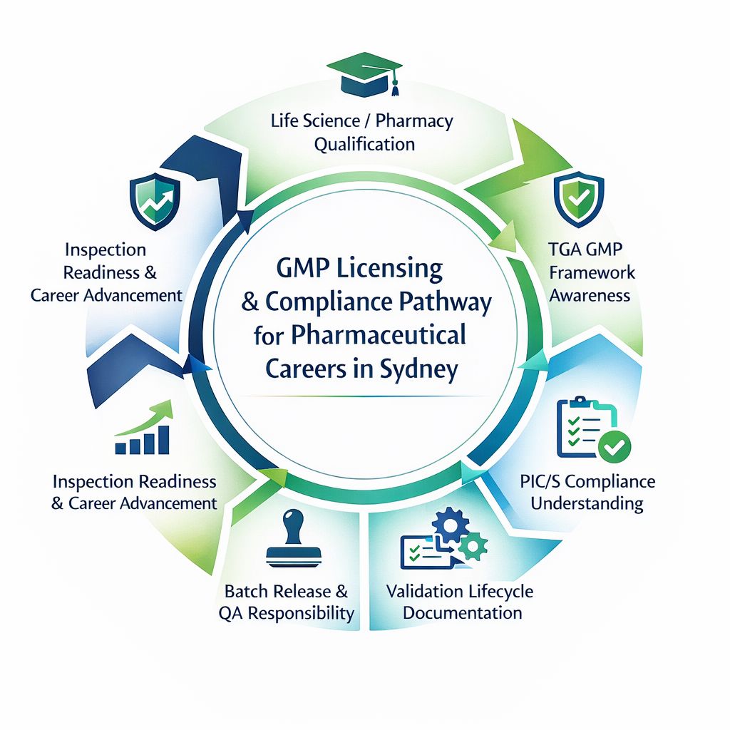 Infographic depicting the GMP licensing and compliance pathway for pharmaceutical professionals in Sydney under TGA and PIC/S standards.