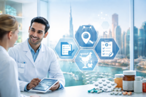 Pharmacist and healthcare professional discussing pharma careers UAE with focus on DHA pharmacist license UAE and GMP jobs Dubai in a modern clinical setting.