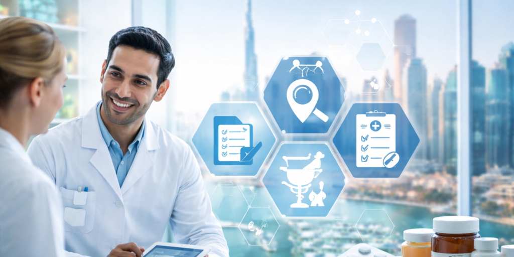 Pharmacist and healthcare professional discussing pharma careers UAE with focus on DHA pharmacist license UAE and GMP jobs Dubai in a modern clinical setting.