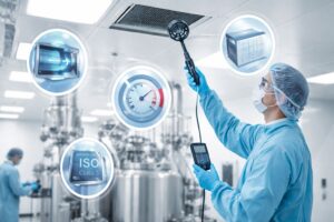 Technician performing pharmaceutical HVAC validation with focus on HEPA filter integrity testing, cleanroom differential pressure control, and environmental monitoring as part of cleanroom HVAC qualification ISO 14644 and GMP compliance.