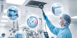 Technician performing pharmaceutical HVAC validation with focus on HEPA filter integrity testing, cleanroom differential pressure control, and environmental monitoring as part of cleanroom HVAC qualification ISO 14644 and GMP compliance.