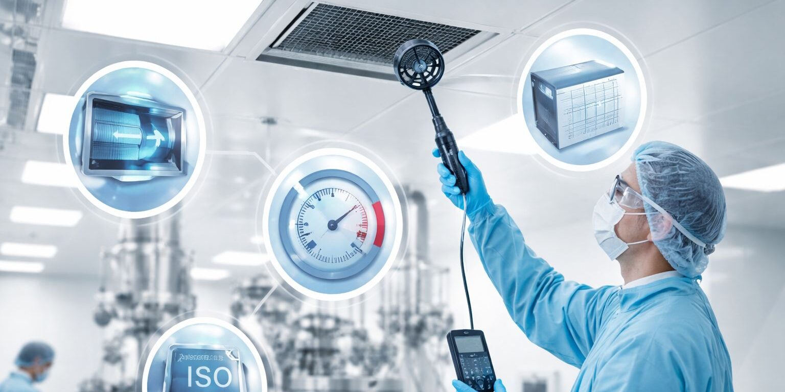 Technician performing pharmaceutical HVAC validation with focus on HEPA filter integrity testing, cleanroom differential pressure control, and environmental monitoring as part of cleanroom HVAC qualification ISO 14644 and GMP compliance.