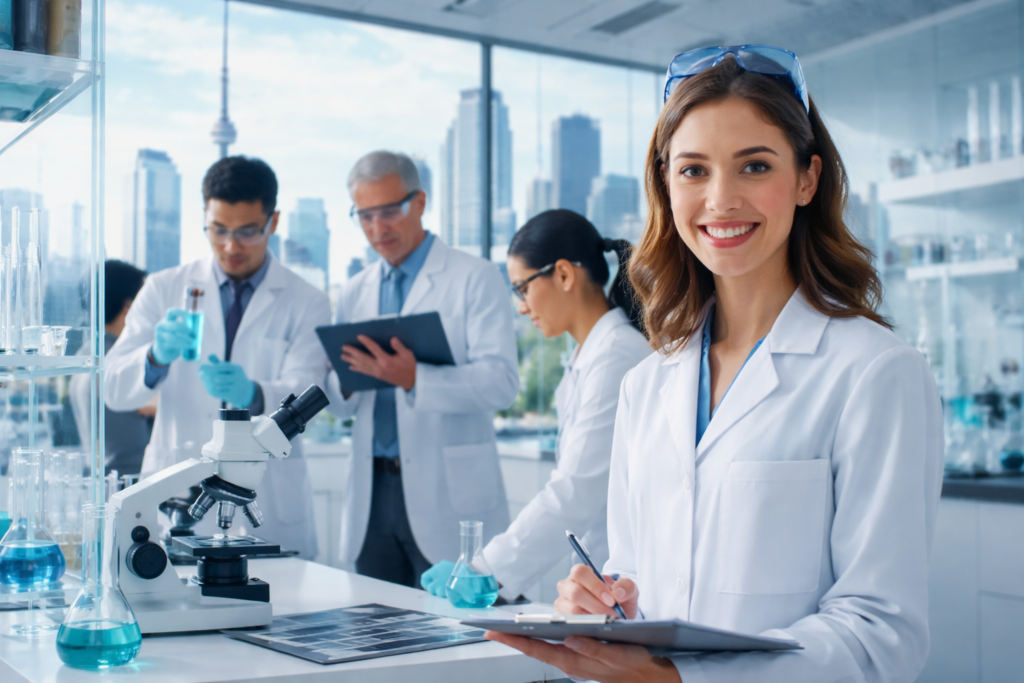 Group of scientists in Toronto laboratory performing experiments, representing pharmaceutical jobs in Toronto, including QA, regulatory affairs, clinical research, and pharma industry careers.