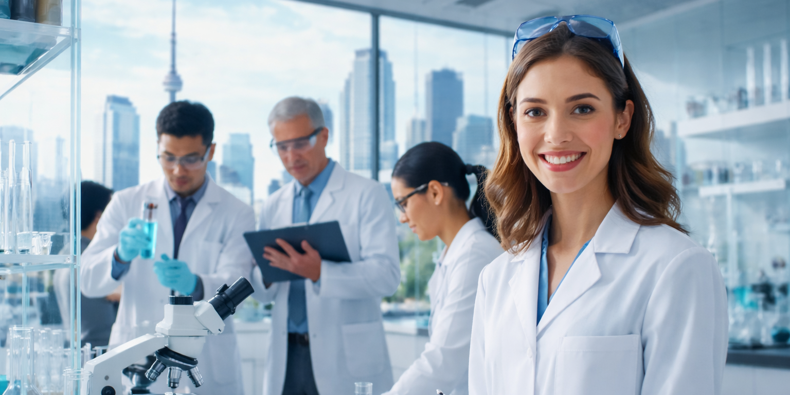 Group of scientists in Toronto laboratory performing experiments, representing pharmaceutical jobs in Toronto, including QA, regulatory affairs, clinical research, and pharma industry careers.