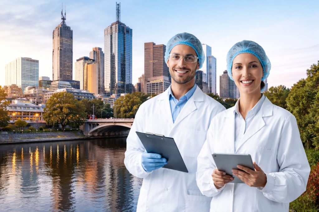 Pharmaceutical professionals reviewing GMP validation lifecycle documentation in a Melbourne facility under PIC/S compliance Australia standards.