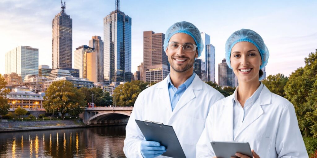 Pharmaceutical professionals reviewing GMP validation lifecycle documentation in a Melbourne facility under PIC/S compliance Australia standards.