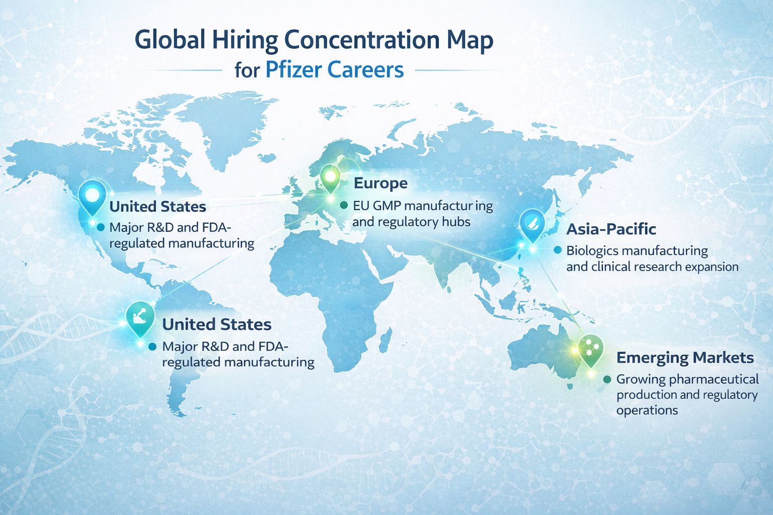 Global map of Pfizer job openings showing pharmaceutical hiring hubs in the USA, Europe, Asia-Pacific, and emerging pharma markets with focus on GMP and regulatory careers.