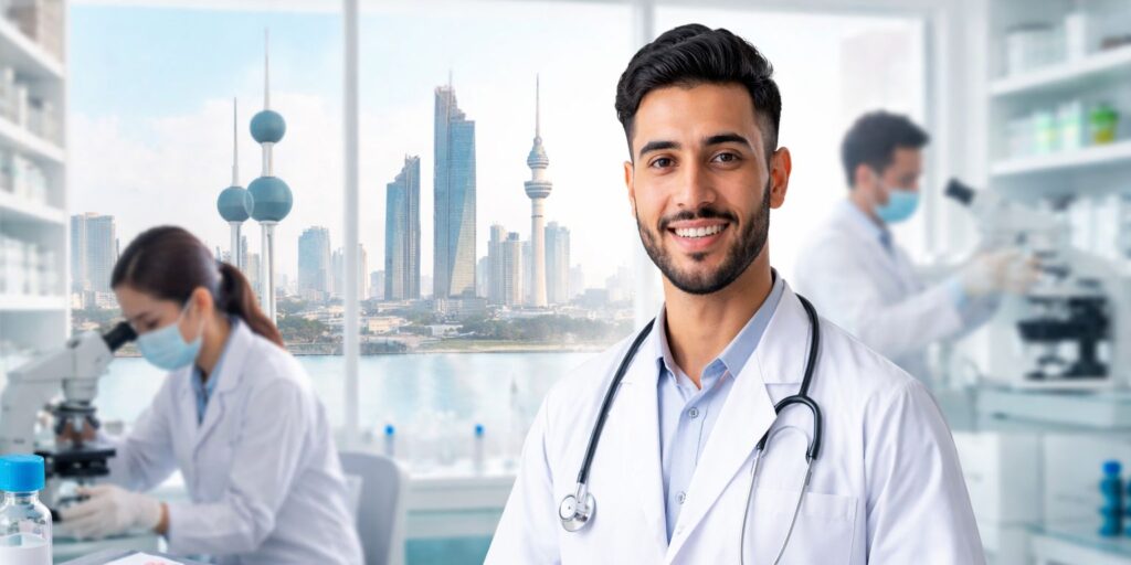 Pharmaceutical professionals working in a modern lab environment aligned with Kuwait Ministry of Health regulations and GMP compliance standards in the Gulf pharmaceutical industry.