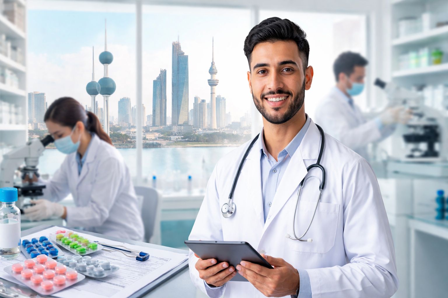 Pharmaceutical professionals working in a modern lab environment aligned with Kuwait Ministry of Health regulations and GMP compliance standards in the Gulf pharmaceutical industry.