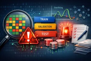 Train validation test split in machine learning with data validation in pharma, highlighting audit trail data integrity, ALCOA principles, and model verification validation processes.