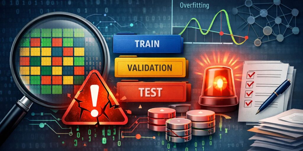 Train validation test split in machine learning with data validation in pharma, highlighting audit trail data integrity, ALCOA principles, and model verification validation processes.