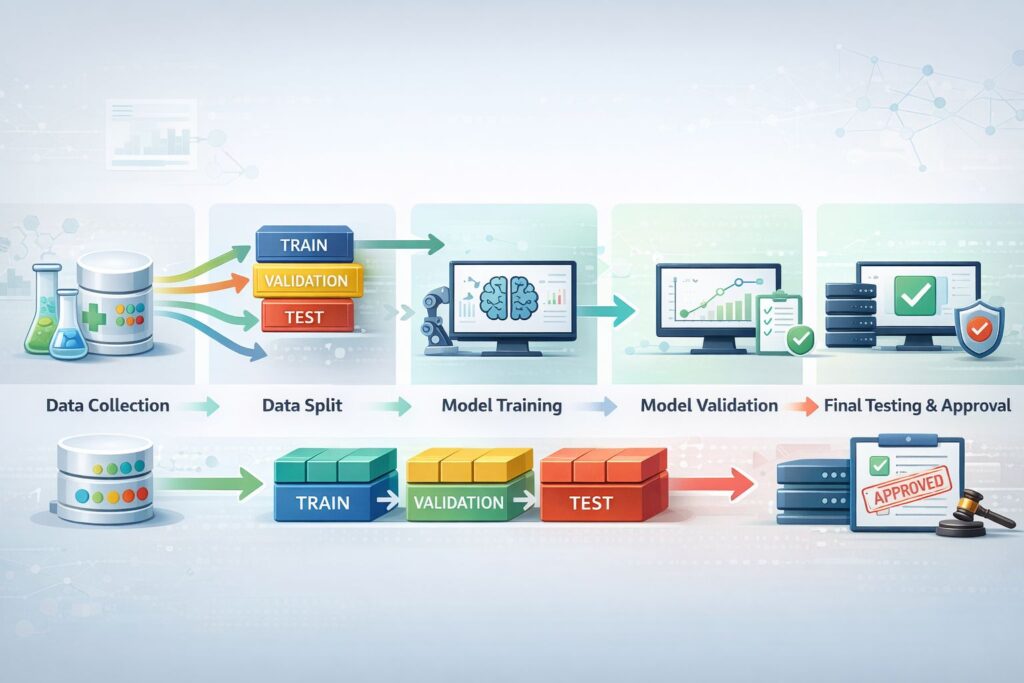 Train validation test workflow in pharmaceutical systems showing data split, model training, validation, testing, and approval with focus on data integrity and validation control