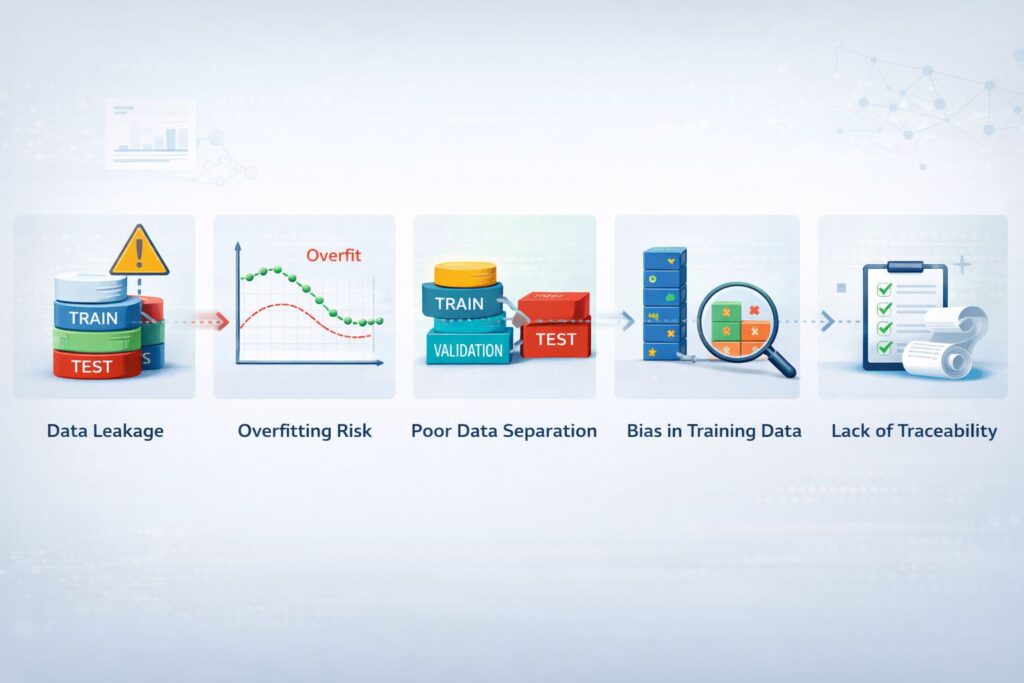 Model validation risks in pharma showing data splitting failures, data leakage, overfitting, and validation gaps affecting data integrity and system reliability