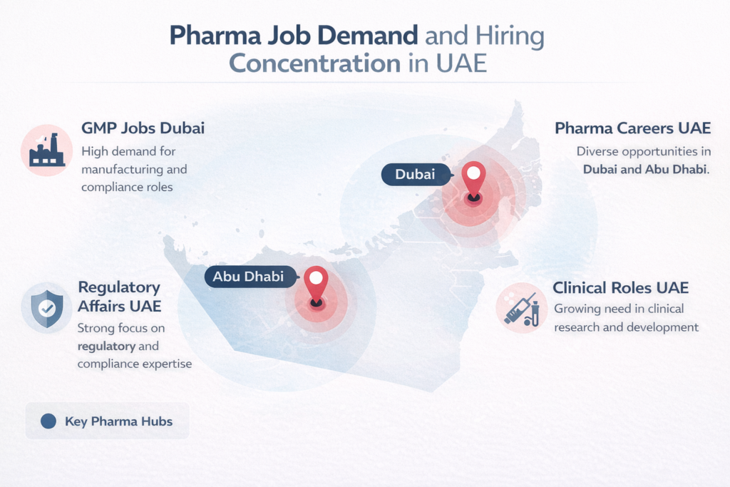 Infographic showing pharma job demand and hiring concentration in UAE including Dubai and Abu Dhabi with focus on GMP jobs regulatory roles and pharmaceutical hiring trends.