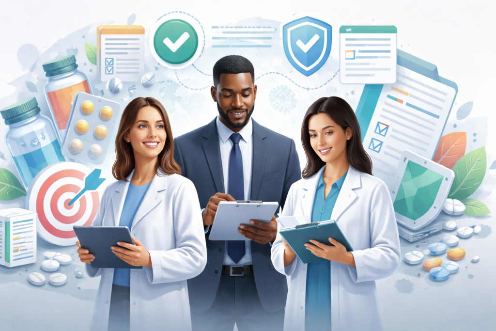 Professionals working on pharma marketing roles using data and clinical insights while applying FDA marketing regulations and ethical pharma advertising principles in campaign development