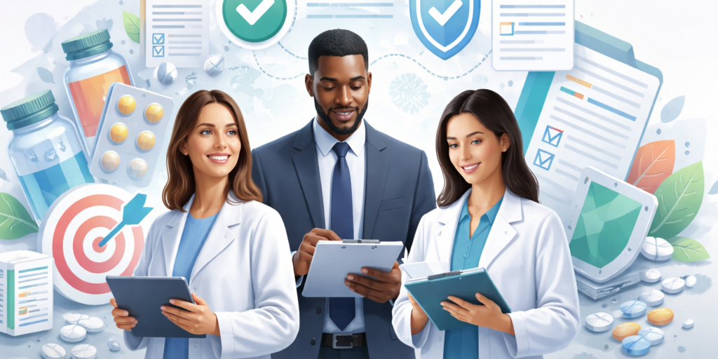 Professionals working on pharma marketing roles using data and clinical insights while applying FDA marketing regulations and ethical pharma advertising principles in campaign development